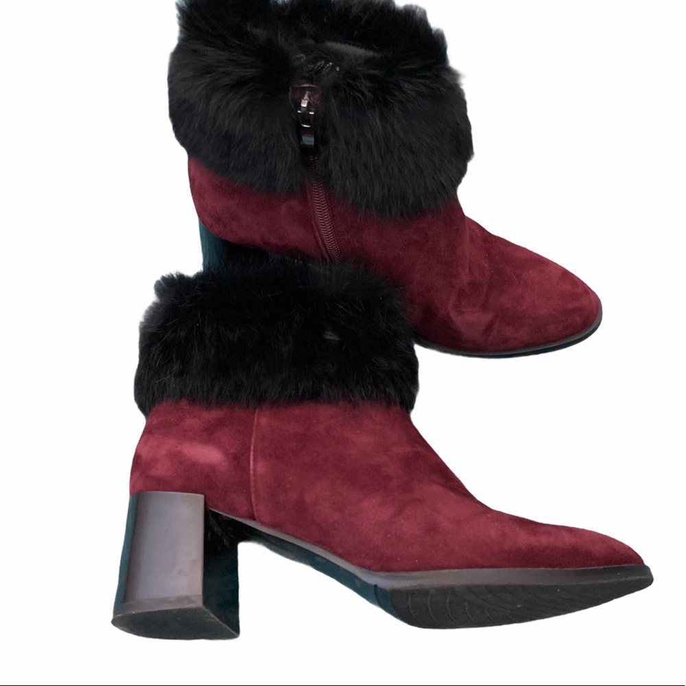 Cellini Suede Booties with Real Fur stacked heel Burgundy Red size 8